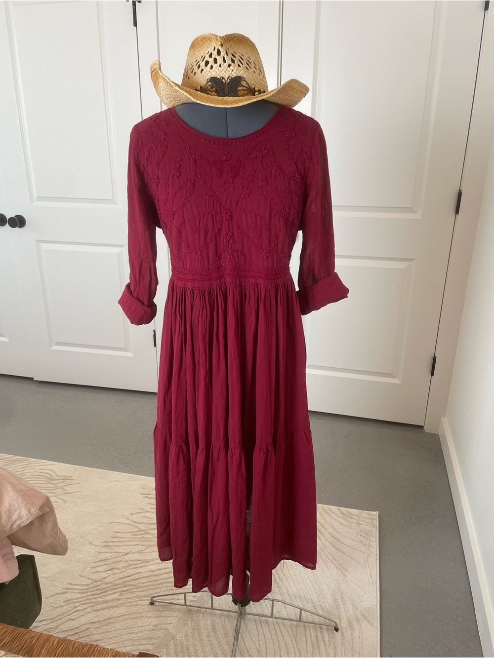 Boho Burgundy Maxi Dress with Embroidered Bodice
